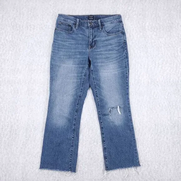 J.Crew Jeans Women's 28 Blue Mid-Rise Flare Crop Raw Hem Distressed Y2K Retro - Picture 1 of 13
